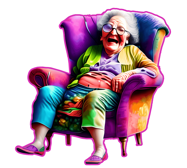 An older woman in colorful attire is laughing on a chair.